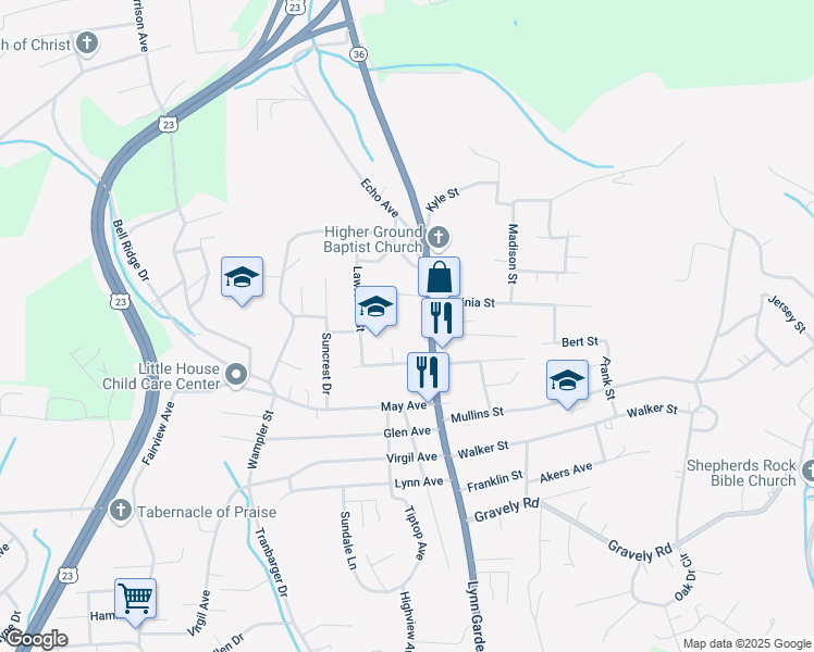 map of restaurants, bars, coffee shops, grocery stores, and more near 1521 Woodland Avenue in Kingsport