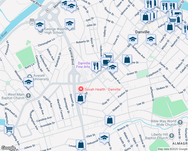 map of restaurants, bars, coffee shops, grocery stores, and more near 117 Broad Street in Danville
