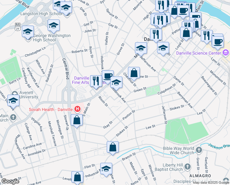map of restaurants, bars, coffee shops, grocery stores, and more near 134 Holbrook Avenue in Danville