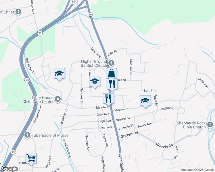 map of restaurants, bars, coffee shops, grocery stores, and more near 1537 Lynn Garden Drive in Kingsport
