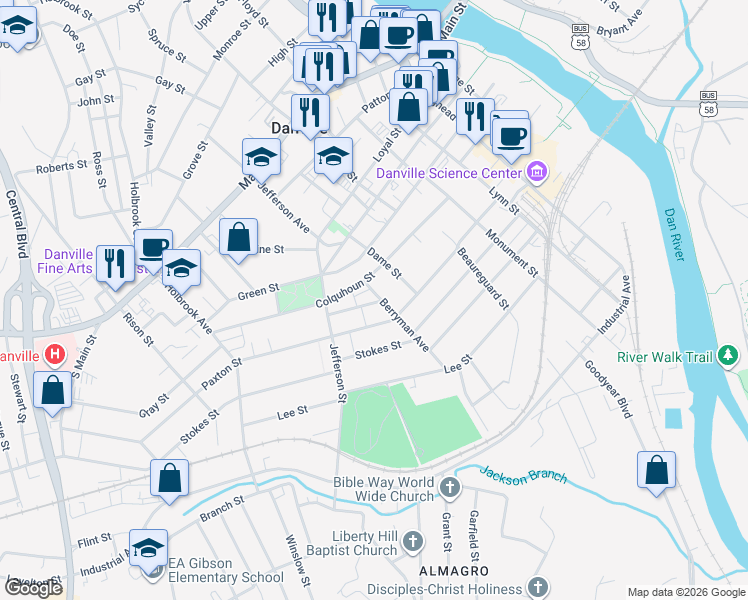 map of restaurants, bars, coffee shops, grocery stores, and more near 600 Berryman Avenue in Danville