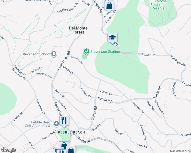 map of restaurants, bars, coffee shops, grocery stores, and more near 1379 Viscaino Road in Del Monte Forest