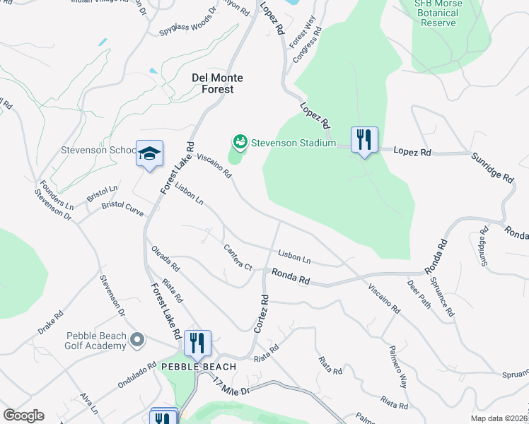 map of restaurants, bars, coffee shops, grocery stores, and more near 1379 Viscaino Road in Del Monte Forest