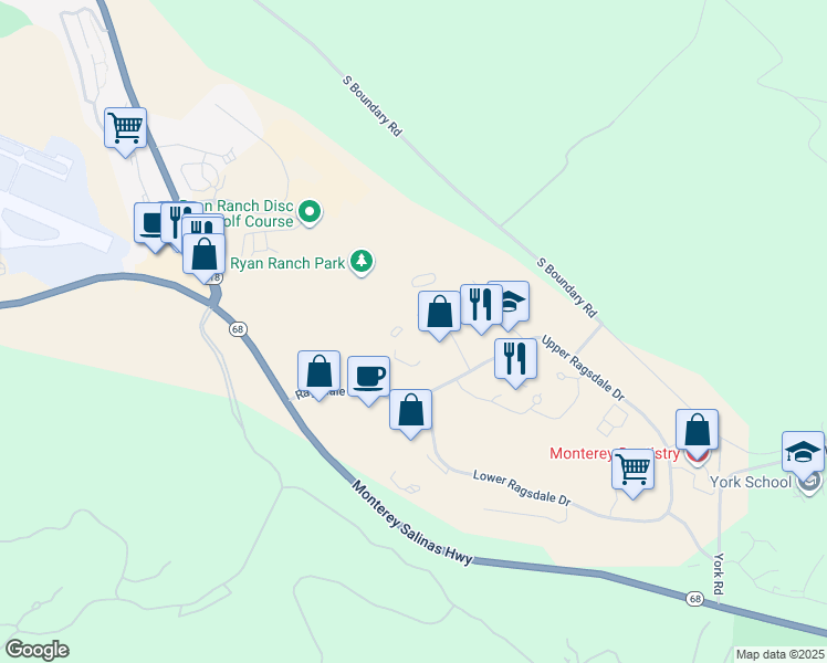 map of restaurants, bars, coffee shops, grocery stores, and more near 5 Harris Court in Monterey