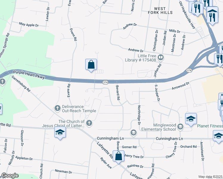 map of restaurants, bars, coffee shops, grocery stores, and more near 1715 Thistlewood Drive in Clarksville