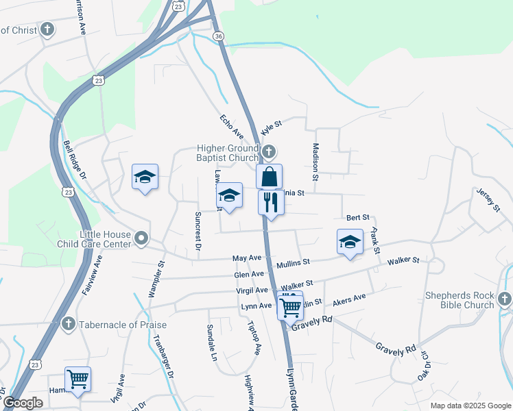 map of restaurants, bars, coffee shops, grocery stores, and more near 2 Lynn Garden Drive in Kingsport