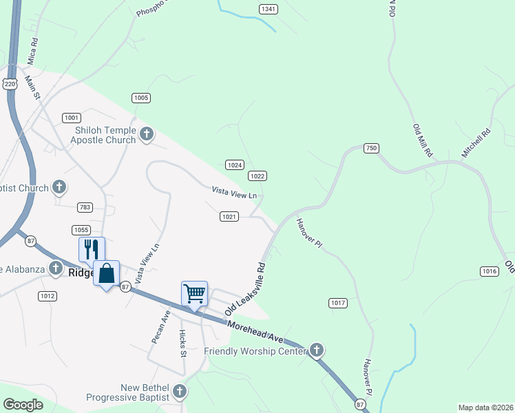 map of restaurants, bars, coffee shops, grocery stores, and more near County Road 1022 in Ridgeway