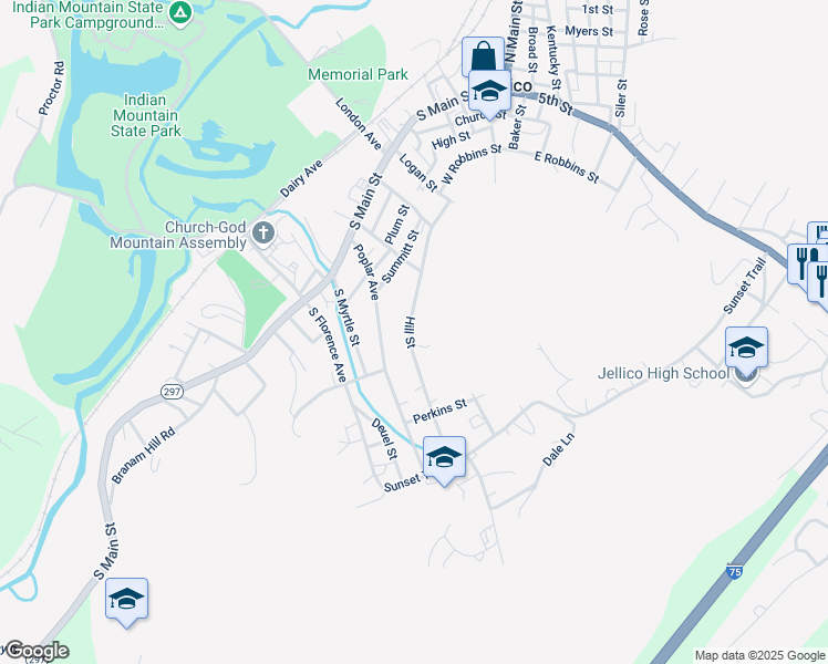 map of restaurants, bars, coffee shops, grocery stores, and more near 913 Hill Street in Jellico