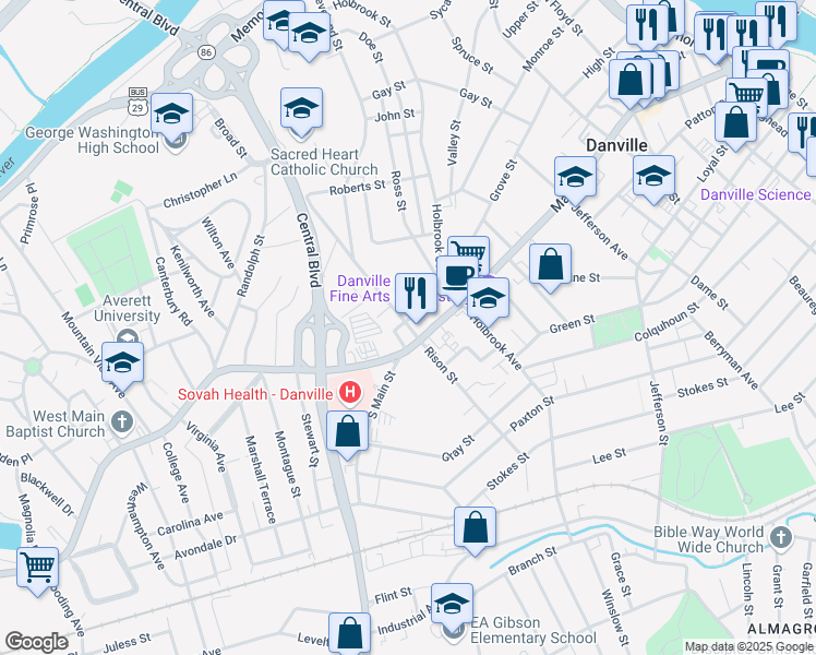 map of restaurants, bars, coffee shops, grocery stores, and more near 117 Broad Street in Danville