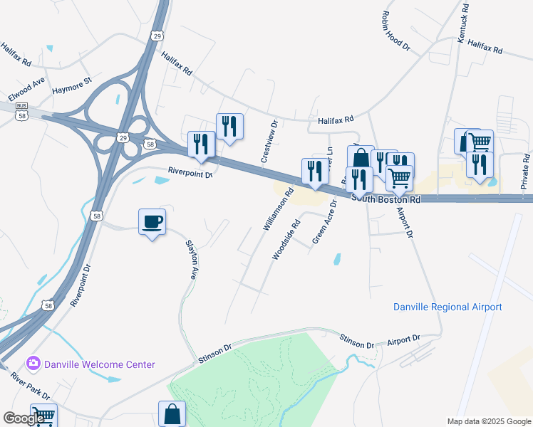 map of restaurants, bars, coffee shops, grocery stores, and more near 402-404 Williamson Road in Danville