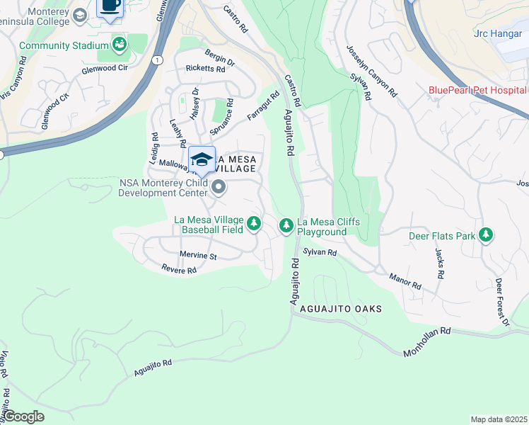 map of restaurants, bars, coffee shops, grocery stores, and more near 503 Wilkes Lane in Monterey