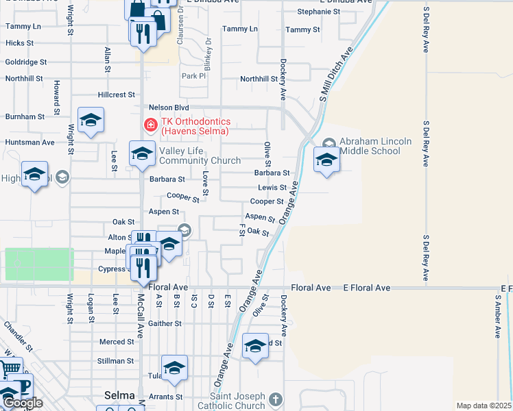 map of restaurants, bars, coffee shops, grocery stores, and more near 1403 Cooper Street in Selma