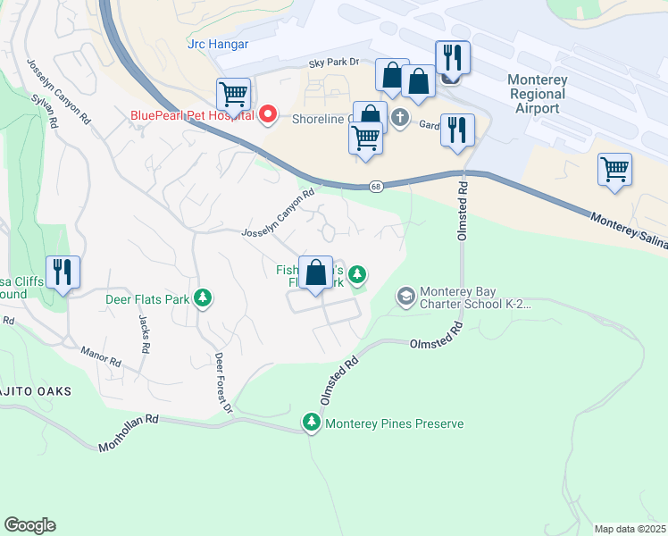 map of restaurants, bars, coffee shops, grocery stores, and more near 2131 Trapani Circle in Monterey