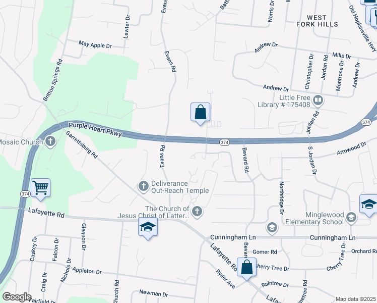 map of restaurants, bars, coffee shops, grocery stores, and more near 1727 Thistlewood Drive in Clarksville