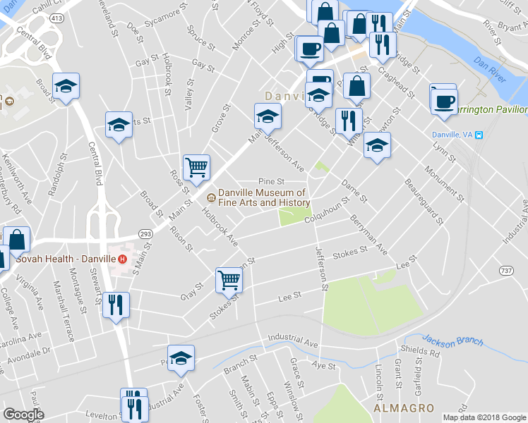 map of restaurants, bars, coffee shops, grocery stores, and more near 898 Green Street in Danville