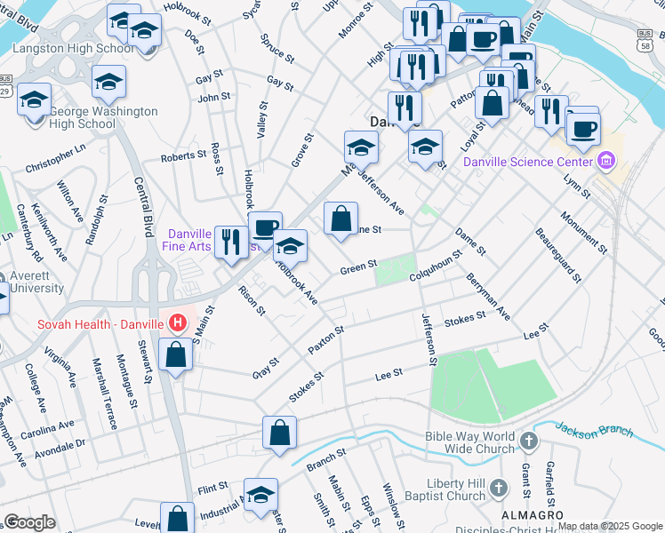 map of restaurants, bars, coffee shops, grocery stores, and more near 922 West Green Street in Danville