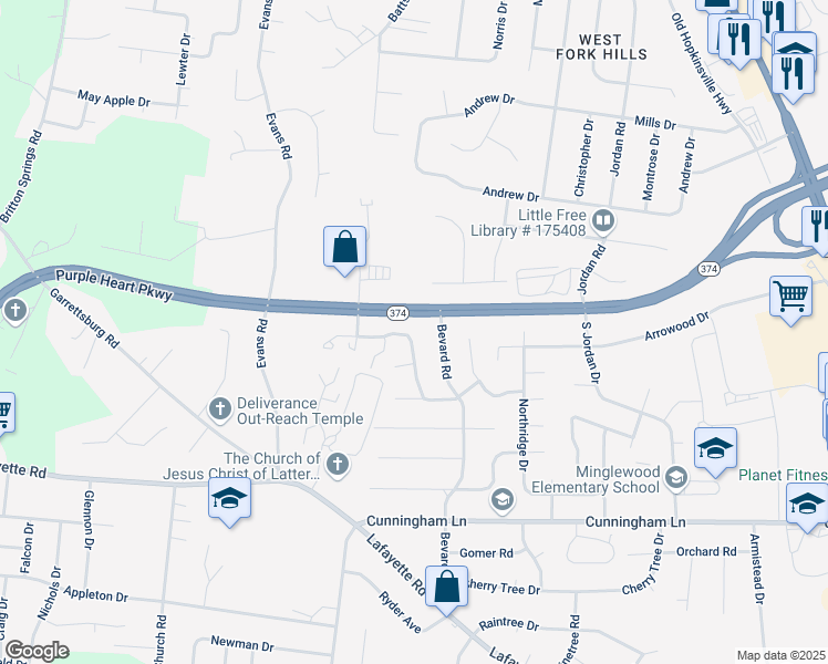 map of restaurants, bars, coffee shops, grocery stores, and more near 1715 Thistlewood Drive in Clarksville