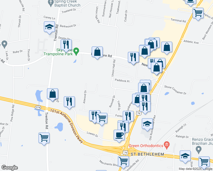 map of restaurants, bars, coffee shops, grocery stores, and more near 2604 Union Hall Road in Clarksville