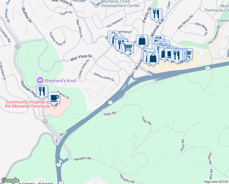 map of restaurants, bars, coffee shops, grocery stores, and more near 17 Vía Castanada in Monterey