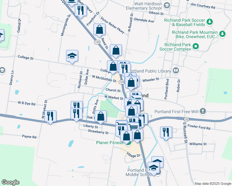 map of restaurants, bars, coffee shops, grocery stores, and more near 104 Church St in Portland