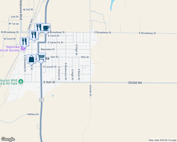 map of restaurants, bars, coffee shops, grocery stores, and more near 1143 South Lincoln Street in Waynoka