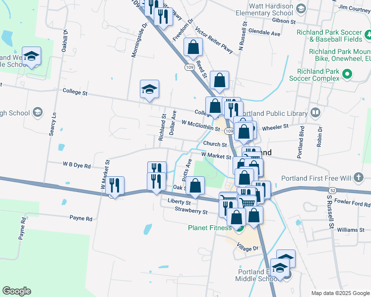 map of restaurants, bars, coffee shops, grocery stores, and more near 301 W Market St in Portland