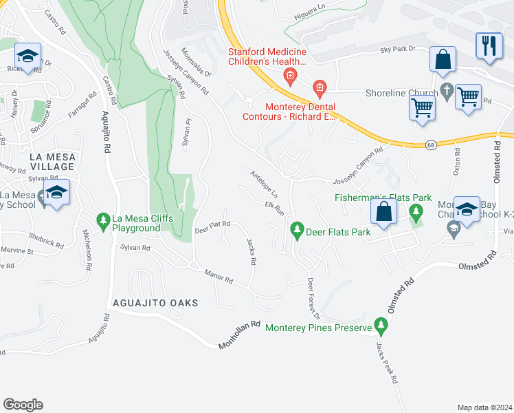 map of restaurants, bars, coffee shops, grocery stores, and more near 15 Elk Run in Monterey