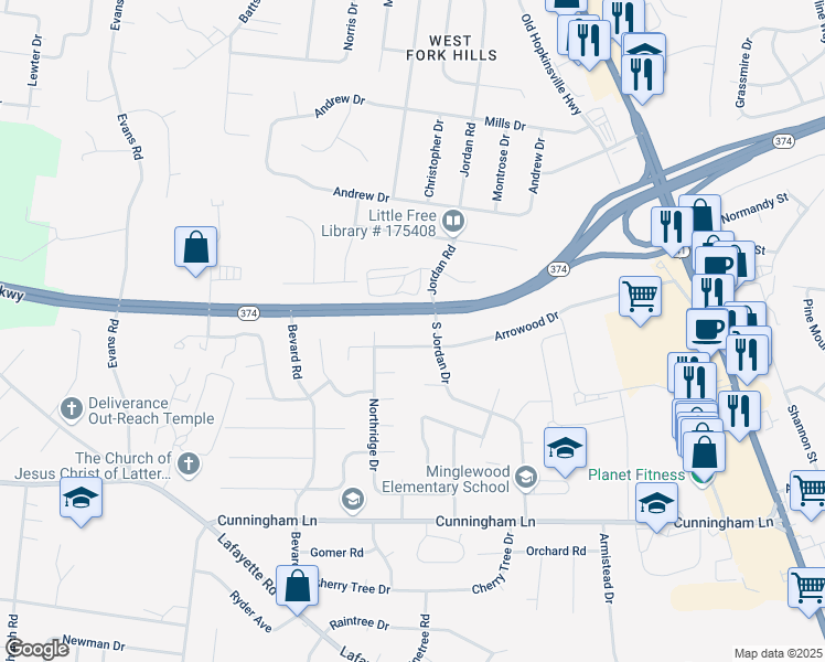 map of restaurants, bars, coffee shops, grocery stores, and more near 289 Arrowood Dr in Clarksville