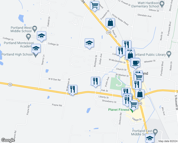 map of restaurants, bars, coffee shops, grocery stores, and more near 503 West Market Street in Portland