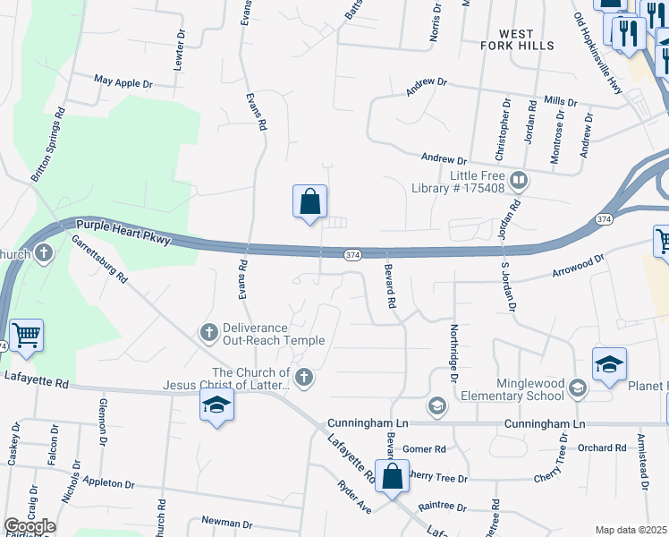 map of restaurants, bars, coffee shops, grocery stores, and more near 1721 Thistlewood Drive in Clarksville