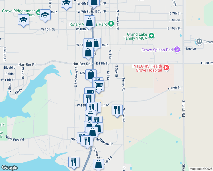 map of restaurants, bars, coffee shops, grocery stores, and more near 1504 Mill Street in Grove