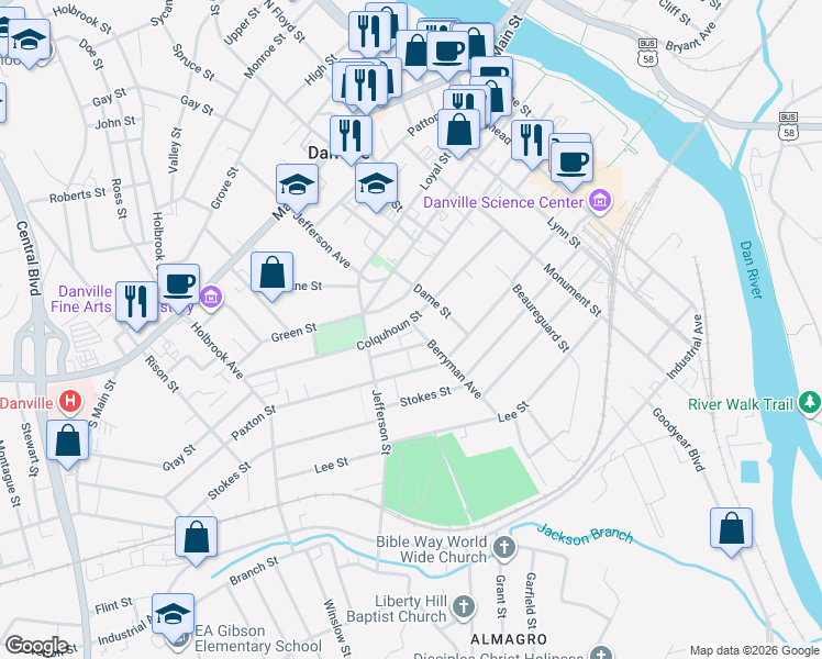 map of restaurants, bars, coffee shops, grocery stores, and more near 600 Berryman Avenue in Danville