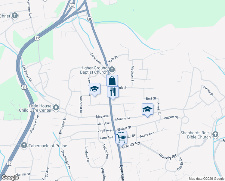 map of restaurants, bars, coffee shops, grocery stores, and more near 1537 Lynn Garden Drive in Kingsport