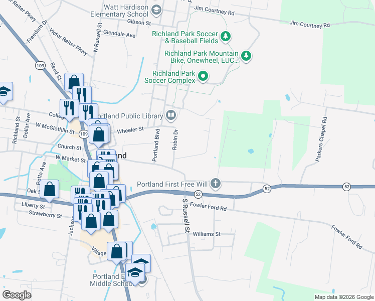 map of restaurants, bars, coffee shops, grocery stores, and more near 110 Robin Drive in Portland