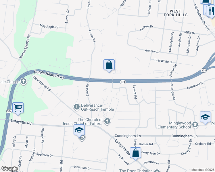 map of restaurants, bars, coffee shops, grocery stores, and more near 1727 Thistlewood Drive in Clarksville
