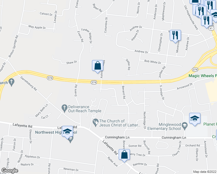 map of restaurants, bars, coffee shops, grocery stores, and more near 1719 Thistlewood Drive in Clarksville
