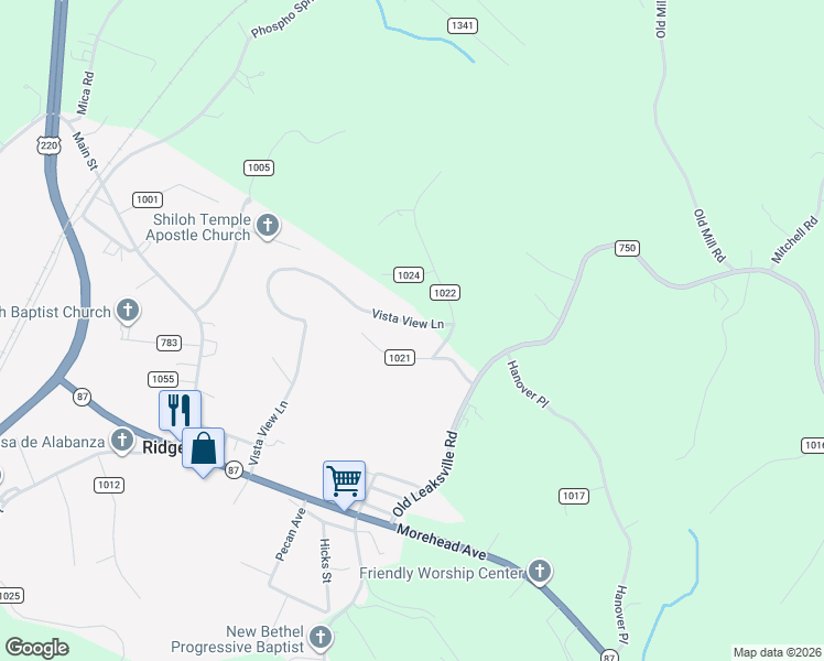 map of restaurants, bars, coffee shops, grocery stores, and more near 93 Vista View Lane in Ridgeway
