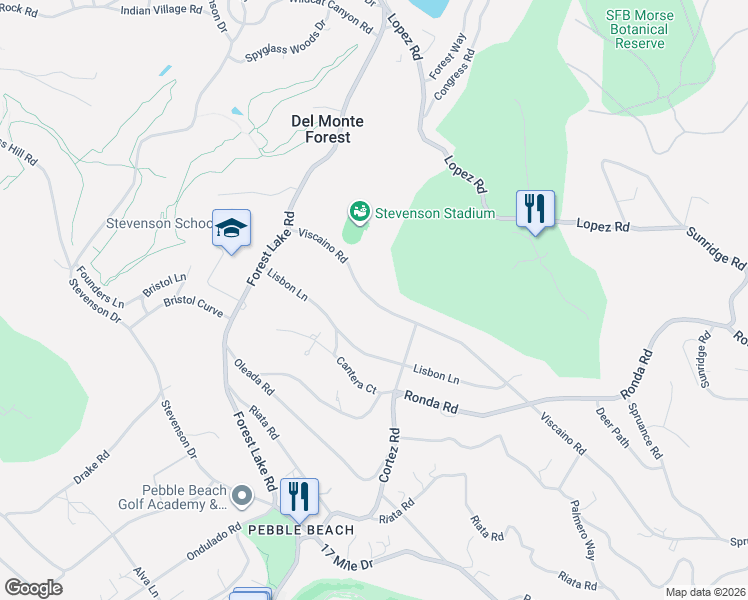 map of restaurants, bars, coffee shops, grocery stores, and more near 1401 Viscaino Road in Del Monte Forest