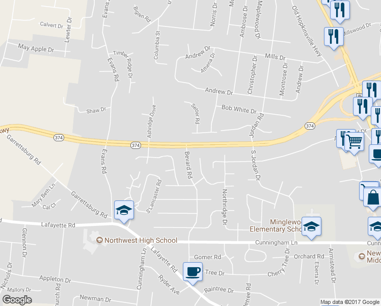 map of restaurants, bars, coffee shops, grocery stores, and more near 1641 Bevard Road in Clarksville