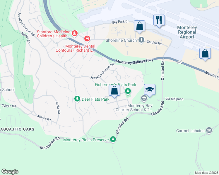 map of restaurants, bars, coffee shops, grocery stores, and more near 2101 Trapani Circle in Monterey