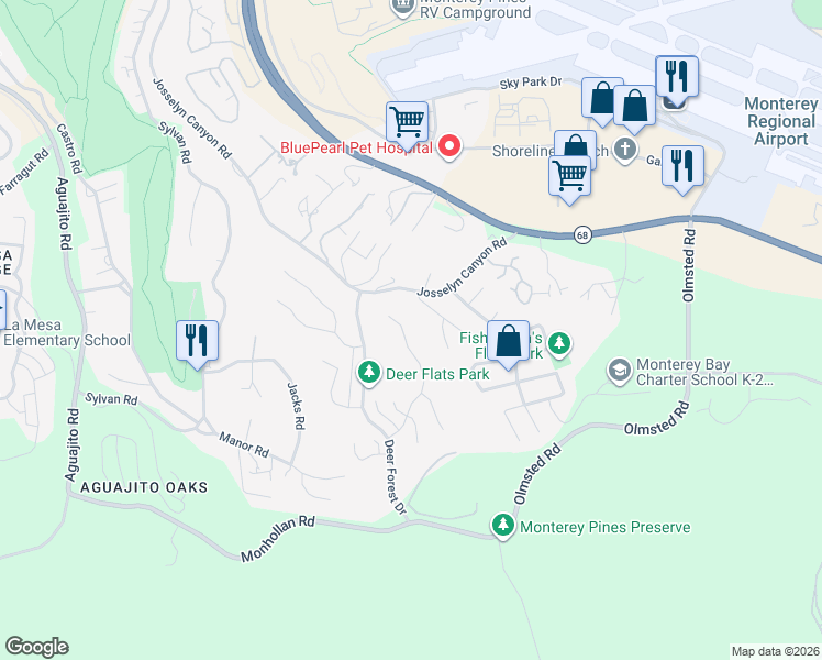 map of restaurants, bars, coffee shops, grocery stores, and more near 1400 Augusta Place in Monterey