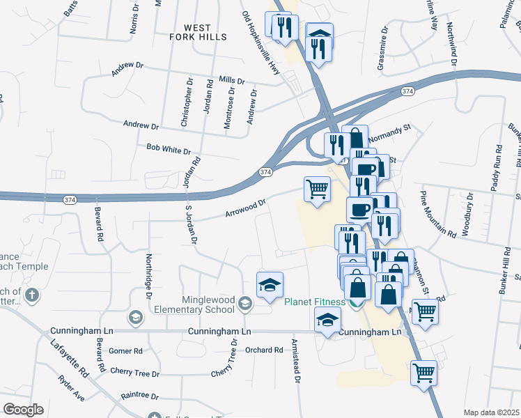 map of restaurants, bars, coffee shops, grocery stores, and more near 289 Arrowood Drive in Clarksville