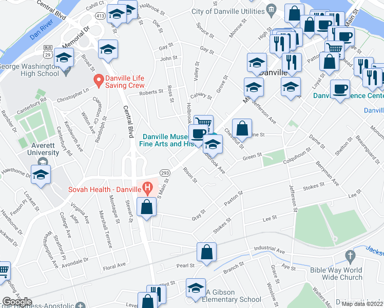 map of restaurants, bars, coffee shops, grocery stores, and more near 1040 Main Street in Danville
