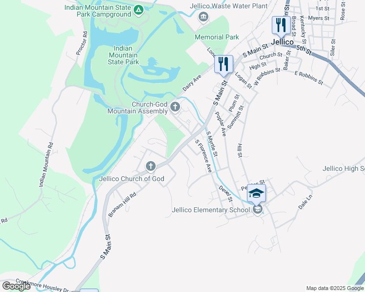 map of restaurants, bars, coffee shops, grocery stores, and more near South Main Street in Jellico