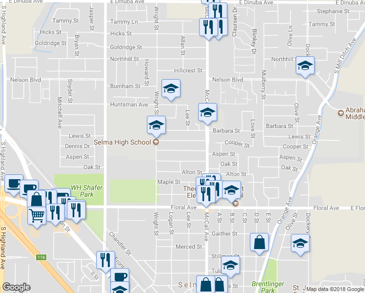map of restaurants, bars, coffee shops, grocery stores, and more near 2128 Aspen Street in Selma