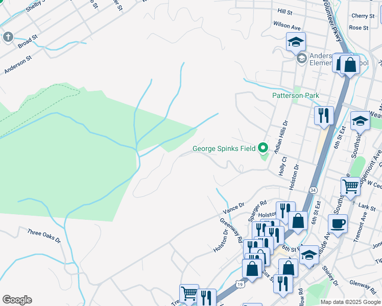 map of restaurants, bars, coffee shops, grocery stores, and more near 114 Skyline Drive in Bristol