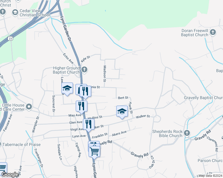 map of restaurants, bars, coffee shops, grocery stores, and more near 194 Virginia Street in Kingsport