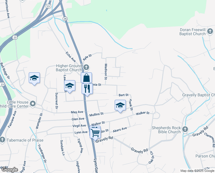 map of restaurants, bars, coffee shops, grocery stores, and more near 180 Virginia Street in Kingsport