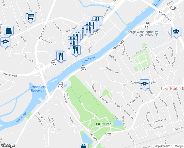 map of restaurants, bars, coffee shops, grocery stores, and more near 226 Brandon Court in Danville