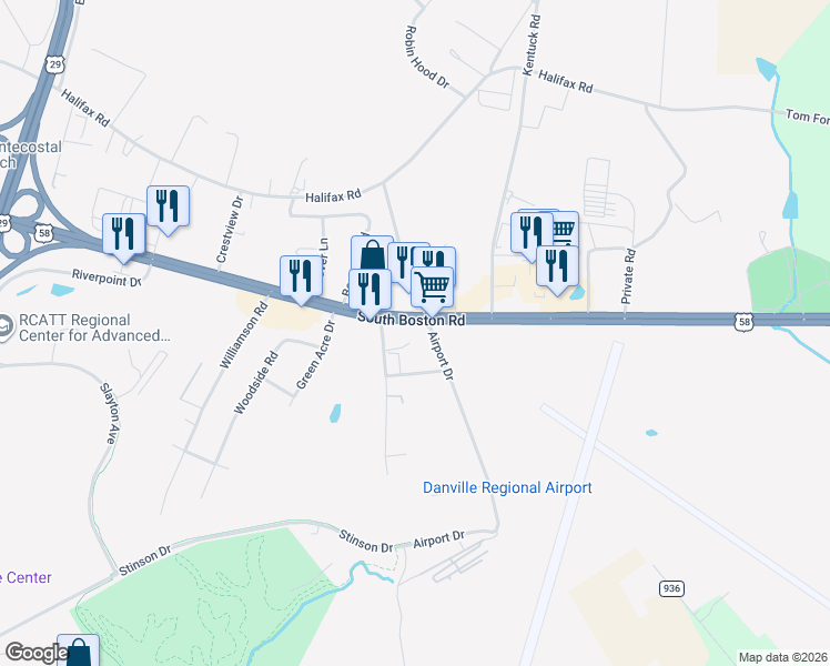 map of restaurants, bars, coffee shops, grocery stores, and more near 1312 South Boston Road in Danville